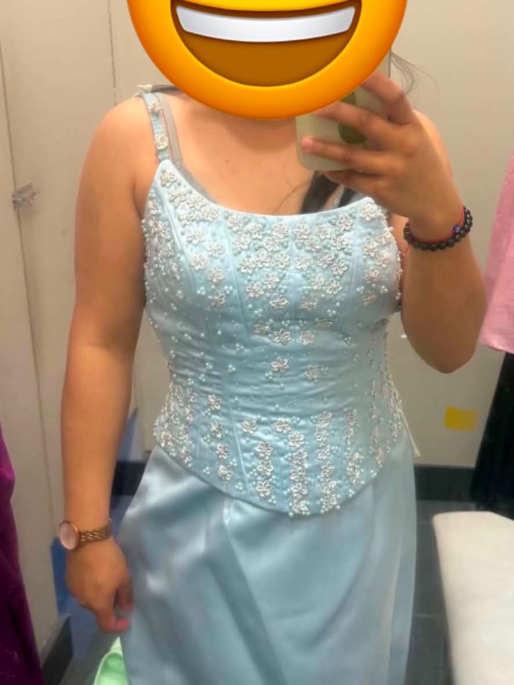 Light Blue Beaded Hand-sewn Flowers Evening Dress ptp 17.5